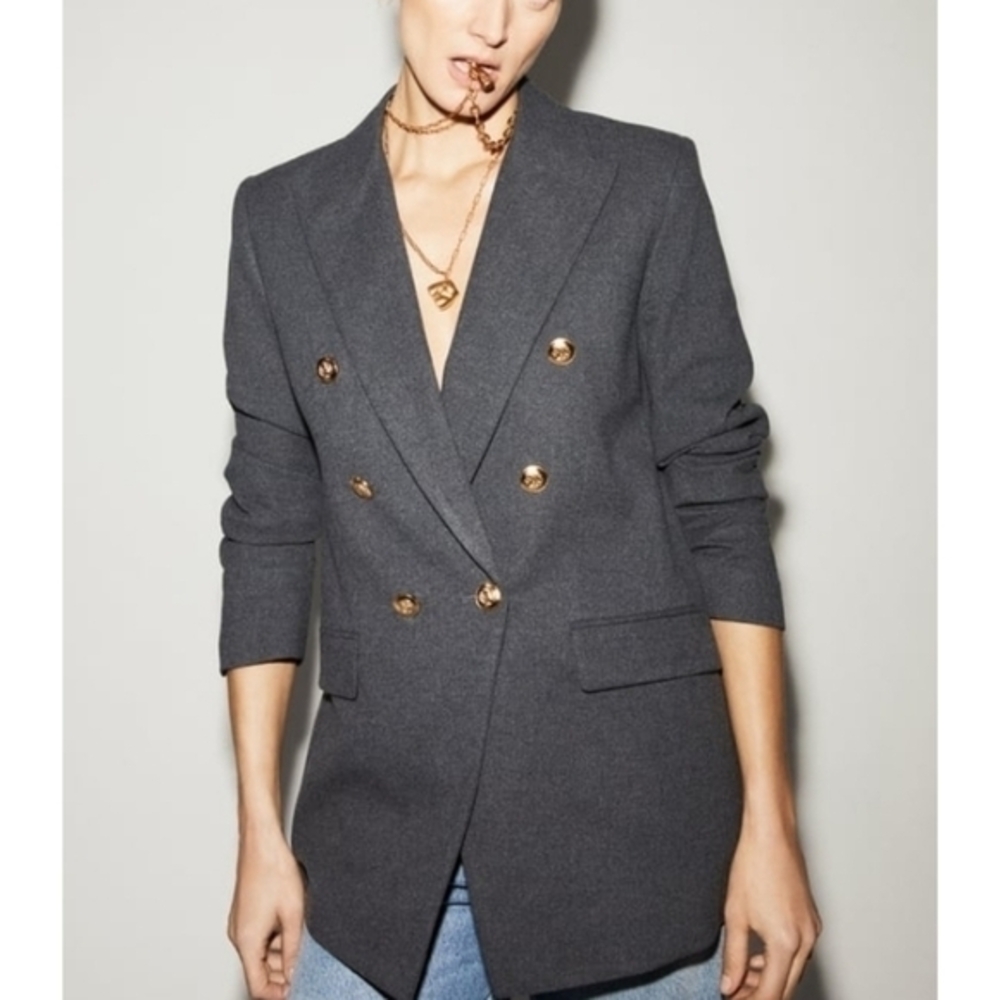 Zara Women's Charcoal Blazer with Gold Accents